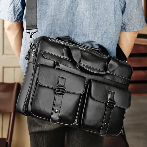 Genuine Leather Business Men's Briefcase –  Cowhide Laptop Bag with Shoulder Strap
